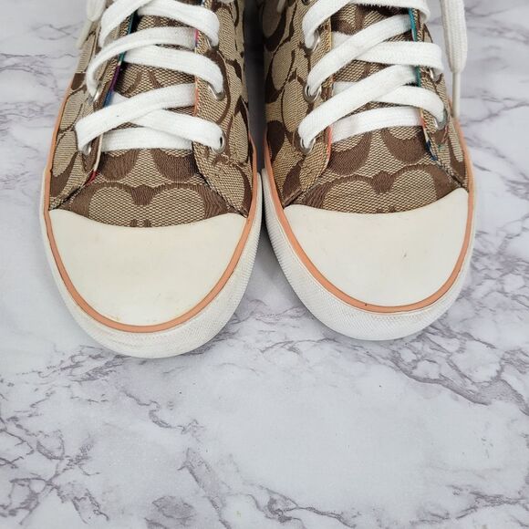 Coach Women's High Top Sneakers Brown Logo Canvas and Pink Embroidery - Picture 5 of 16